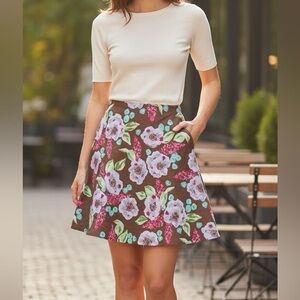 Context Y2K Floral Beaded Skater Skirt Size 10 | Brown Pink Turquoise